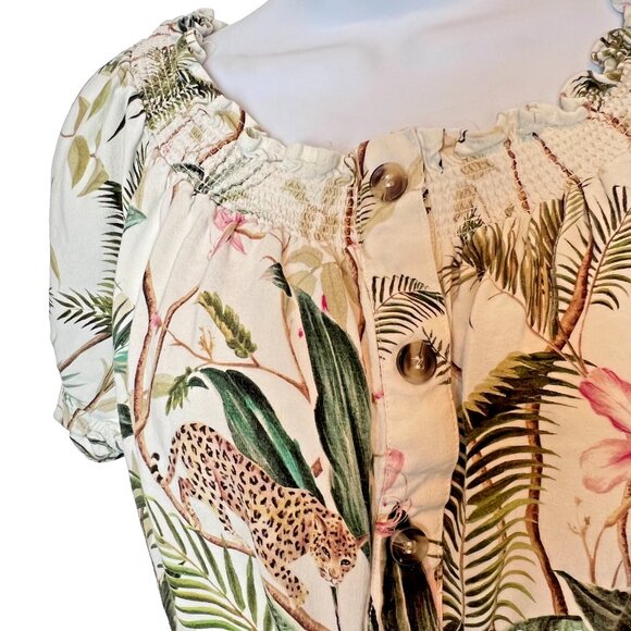 H&M Women's Size 10 Blouse Gathered Neck, Hem Cuffs Short Sleeve Cheetah Jungle - Picture 4 of 12